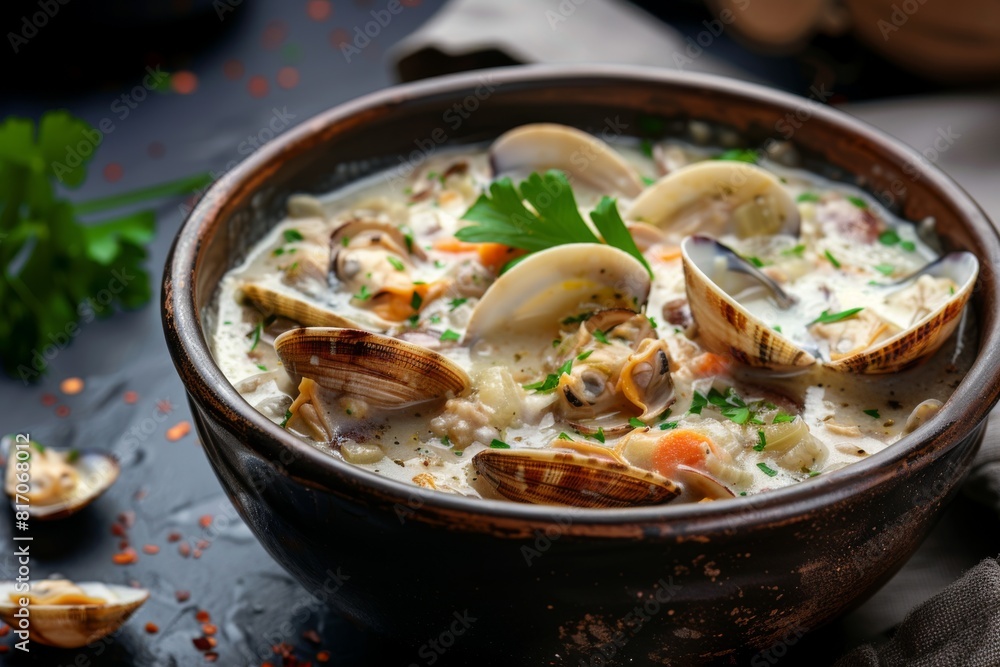 Savory flavorful bowl of seafood stew with clams and herbs in a creamy sauce Savory flavorful bowl of seafood stew with clams and herbs in a creamy sauce