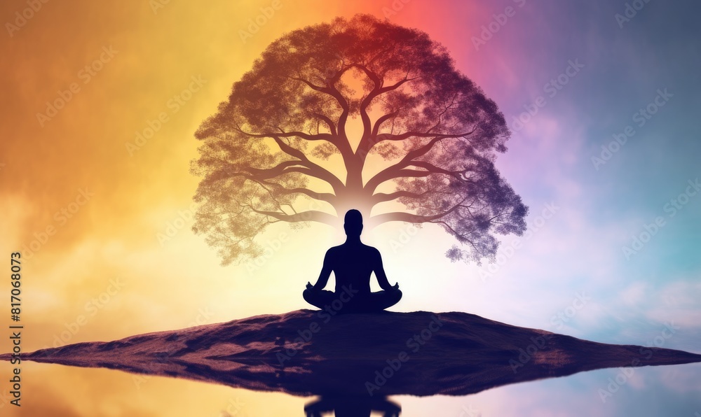 Man Meditating in Lotus Position with Tree Background. Mindfulness for Mental Health and Relaxation in Abstract Tree Landscape Man Meditating in Lotus Position with Tree Background. Mindfulness for Mental Health and Relaxation in Abstract Tree Landscape
