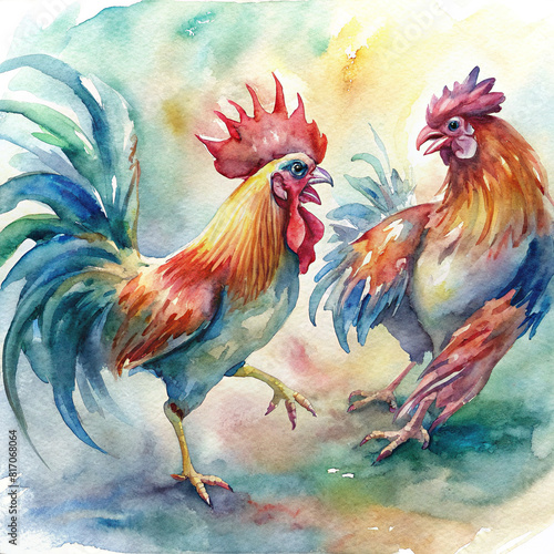 Watercolor illustration of a cockfighting event, capturing the intensity of the moment
