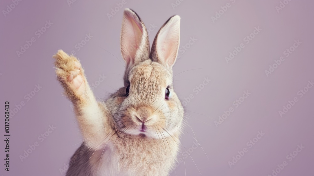 custom made wallpaper toronto digitalEndearing Rabbit Raising Its Hand as if to Greet, Set Against a Soft Purple Background. Funny animal for banner, flyer, poster, card with copy space