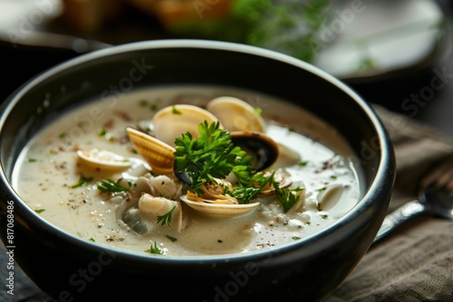 Aromatic bowl of seafood soup with tender clams and fresh parsley