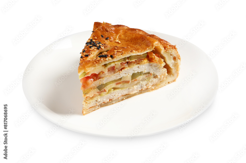 Piece of tasty homemade pie with filling isolated on white Piece of tasty homemade pie with filling isolated on white