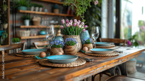 Mesa de madera bien decorada con flores y platos photo