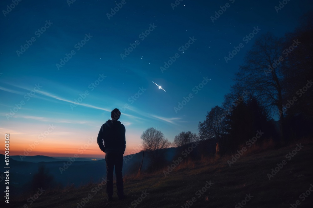 Man looking at the starry skies, crescent Moon and shooting star in blue hour twilight time. Man looking at the starry skies, crescent Moon and shooting star in blue hour twilight time Man looking at the starry skies, crescent Moon and shooting star in blue hour twilight time. Man looking at the starry skies, crescent Moon and shooting star in blue hour twilight time