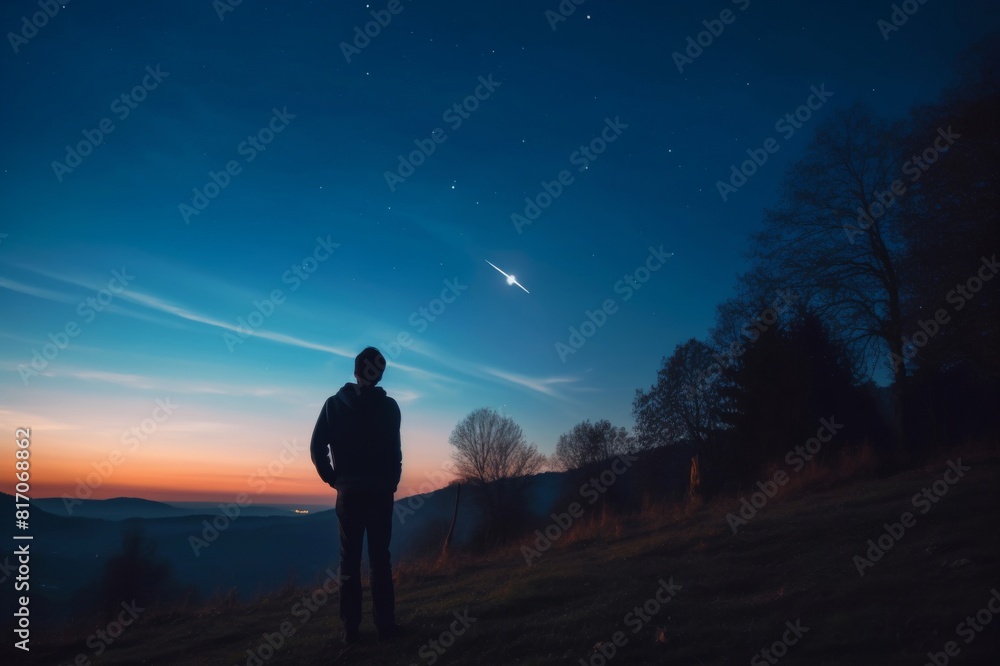 Man looking at the starry skies, crescent Moon and shooting star in blue hour twilight time. Man looking at the starry skies, crescent Moon and shooting star in blue hour twilight time