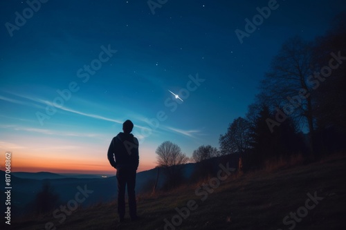 Man looking at the starry skies, crescent Moon and shooting star in blue hour twilight time. Man looking at the starry skies, crescent Moon and shooting star in blue hour twilight time