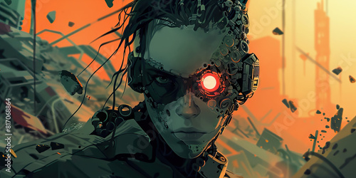 A bio-modded rebel, adorned with cybernetic enhancements, stands defiant amidst a wasteland of abandoned technology, their augmented eye glowing with determination