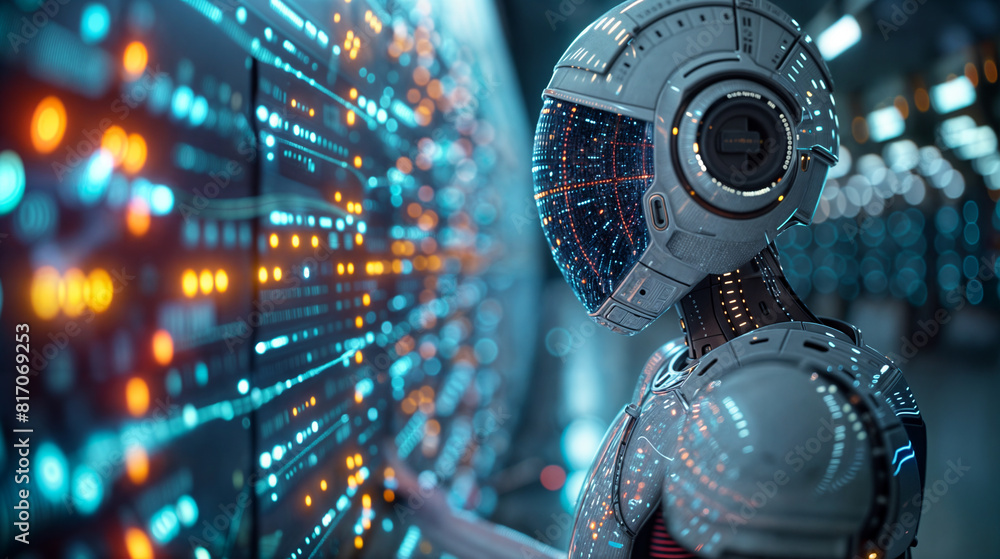 Futuristic Robot Examining Data Servers in a High-Tech Data Center, Representing Advanced Cybernetics and Network Management Futuristic Robot Examining Data Servers in a High-Tech Data Center, Representing Advanced Cybernetics and Network Management