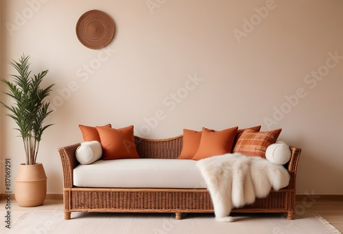 Wicker chaise lounge sofa with terra cotta pillows and fur plaid near the beige wall with copy space. Boho interior design of modern living room. Ai Generate photo