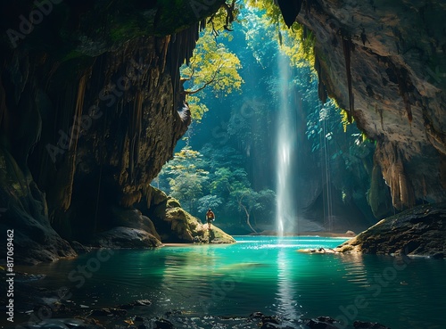 Beautiful waterfall in tropical rain forest with fish pool, Erawan waterfalls National Park KanchPortal24083657 perfect circle shape of the deep dark cave with beautiful turquoise 