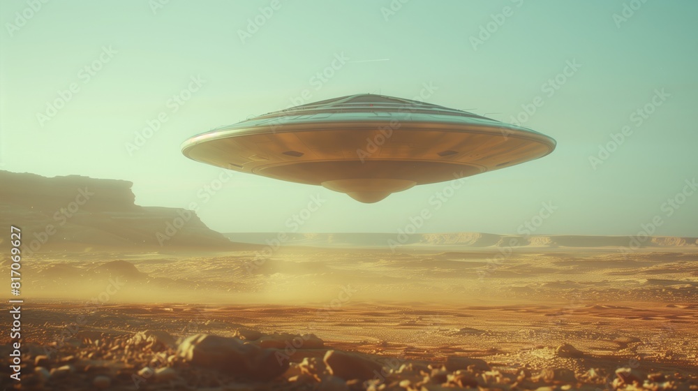 UFO hovering above a barren desert landscape UFO hovering above a barren desert landscape