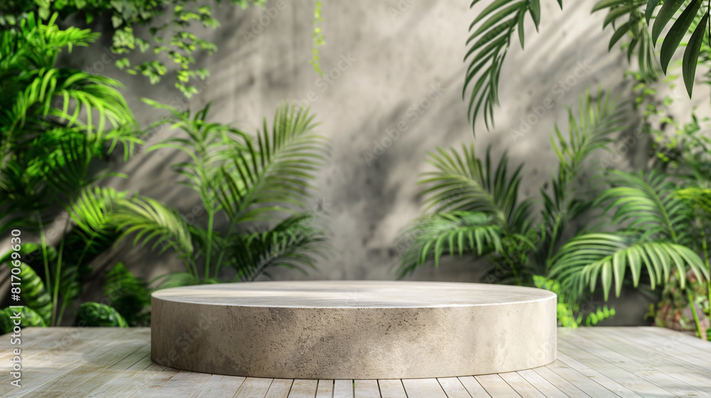Mockup for cosmetics product. White round stone on the tropical background. Advertising podium stand with tropical leaves background against textured background. Mockup for cosmetics product. White round stone on the tropical background. Advertising podium stand with tropical leaves background against textured background.