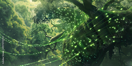  An Integrated Avatar, Part Cyborg and Part Flora, Experiences a Malfunction in the Wooded Sanctuary as Its Bioluminescent Tendrils Entwine  photo