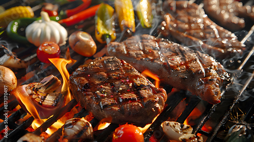 Delicious grilled meat with vegetables sizzling over the coals on barbecue