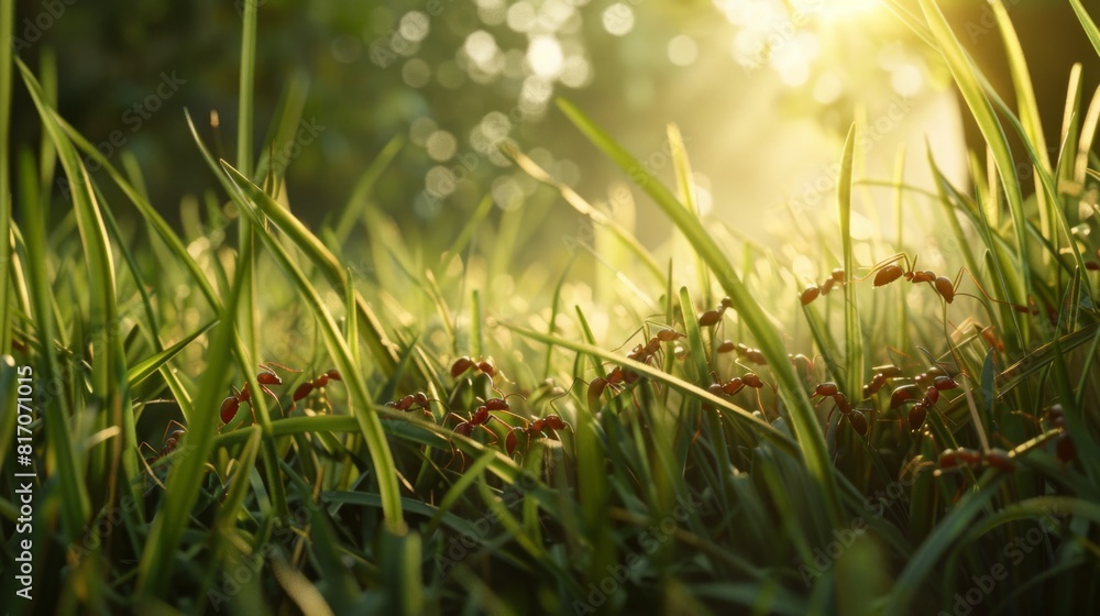 Ants navigating through blades of grass, providing a sense of scale and their interaction with the environment. Ants navigating through blades of grass, providing a sense of scale and their interaction with the environment.