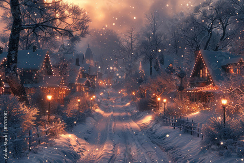 A quaint village blanketed in snow  with twinkling lights and a festive atmosphere