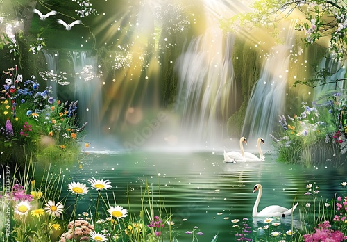 3D wallpaper, green grass background with beautiful waterfalls and flowers in the lake, colorful daisies and white swans, sunlight rays in the style of nature