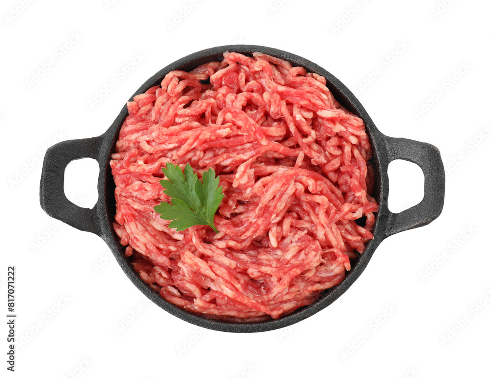 Raw ground meat and parsley in bowl isolated on white, top view Raw ground meat and parsley in bowl isolated on white, top view