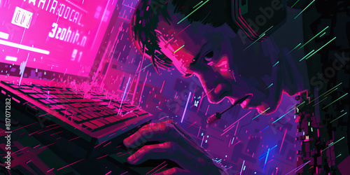  Unleashing Cyber Chaos: The Neon-Clad Hacker Conjures Electronic Storms, Bathed in Otherworldly Glow