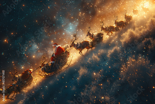 Santa Claus soaring across the starry night sky in his sleigh led by reindeer photo