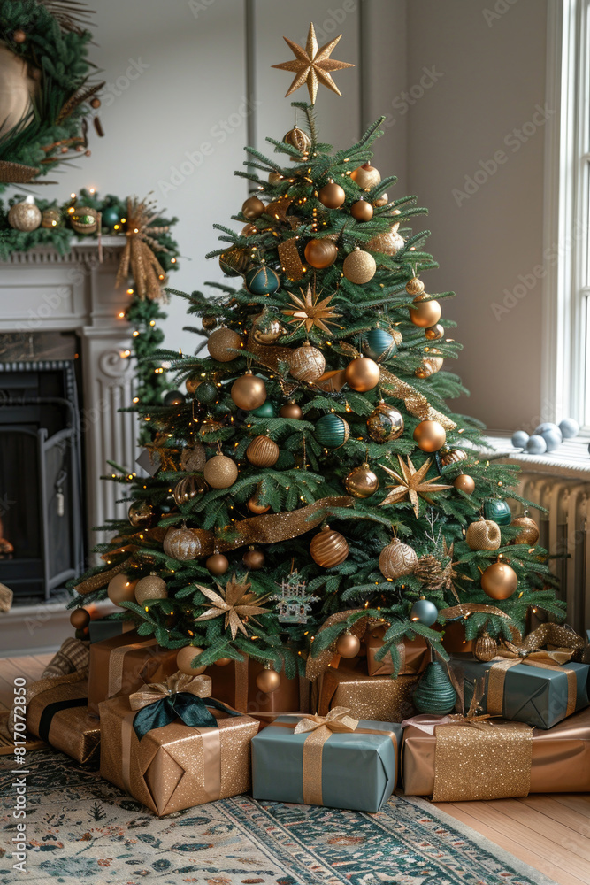 A beautifully decorated Christmas tree with presents underneath and a star on top