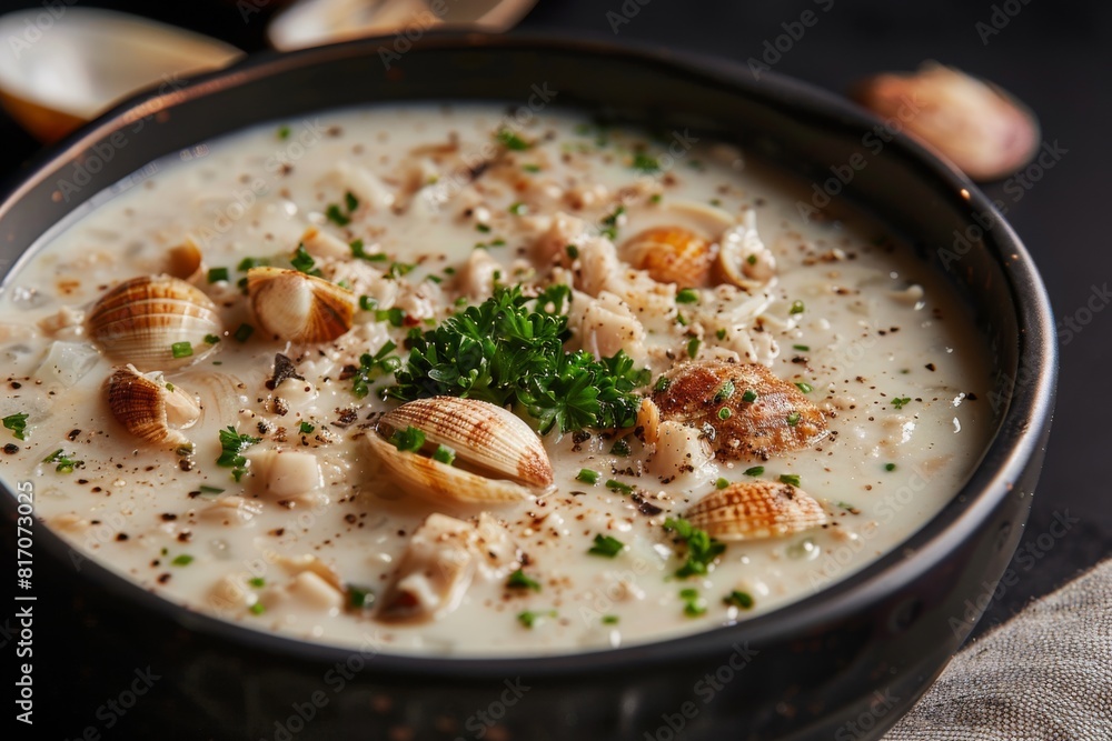 Creamy and rich bowl of seafood stew with clams and herbs in a creamy sauce