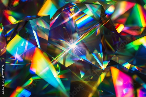 Vibrant and colorful abstract image showcasing the mesmerizing light reflections and refractions on a crystal prism surface  producing a kaleidoscope of rainbow hues