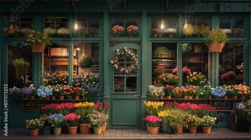 facade of a flower shop, green, tulips, hyacinths