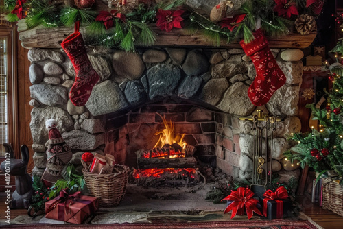 A warm, inviting fireplace adorned with stockings and surrounded by holiday decorations © Venka