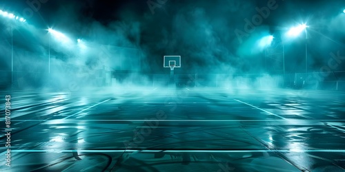 Quiet basketball court in spotlight awaiting players calm before competition. Concept Sports, Basketball, Competitive Game, Court, Calm Before the Storm photo