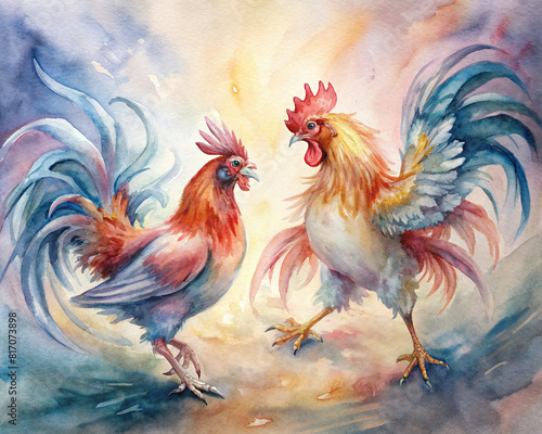 Watercolor illustration showcasing two roosters in a heated battle, feathers flying © Woonsen