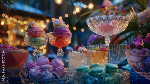 A spectrum of sorbets pop within crystal dishes beside rainbow macarons and flower-garnished cocktails on a communal table 