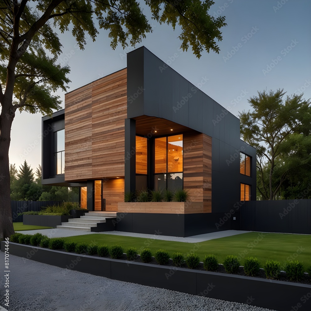 Modern luxury minimalist cubic house, villa with wooden cladding and black panel walls and landscaping design front yard. Modern luxury minimalist cubic house, villa with wooden cladding and black panel walls and landscaping design front yard.