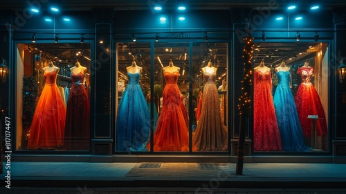 Photo full-length female clothes on mannequins.Clothing fashion shop exhibition window. Women clothing store