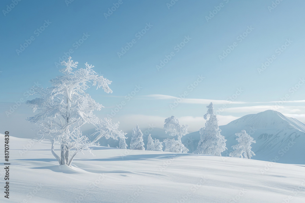 A serene landscape covered in fresh snow, with a clear sky and a sense of tranquility