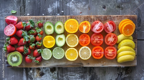 An equal sign composed of evenly sliced fruits and vegetables of vibrant rainbow hues arranged on a rustic cutting board