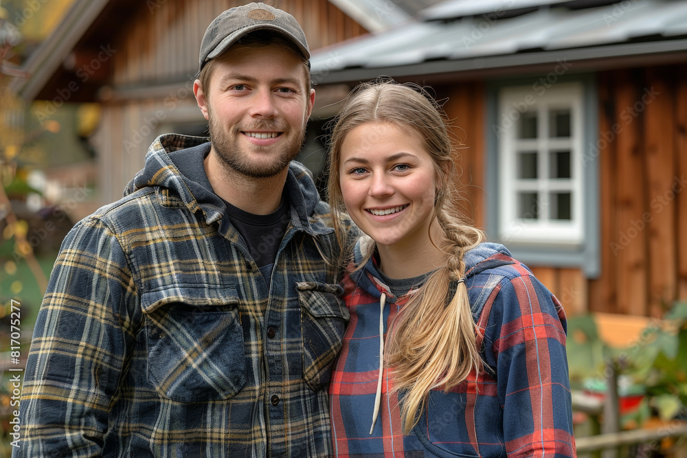 A man and a woman standing in front of a traditional wooden cabin in a scenic rural setting A man and a woman standing in front of a traditional wooden cabin in a scenic rural setting
