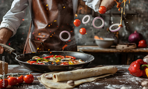 a man cook in a leather apron prepares pizza, ingredients fly over the table