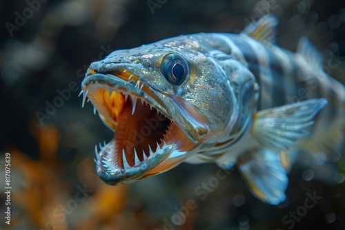 Barracuda fish with sharp teeth, representing predatory marine species.  © Nico