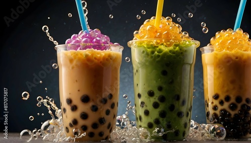 Boba bubble tea, tapoica pearls. Capture dramatic smoothie splash. Creative Dynamic compotition vary angle. Macro Food photography, taken by very high tech expensive camera. Eyecatching, mouthwatering photo