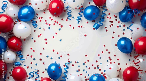 Compose a frame with red, white, and blue balloons and streamers for a Fourth of July greeting card