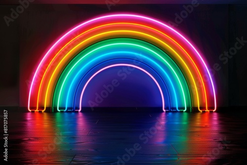 rainbow neon light, glowing rainbow in the dark, rainbow color lights, glowing neon light arch Generative AI