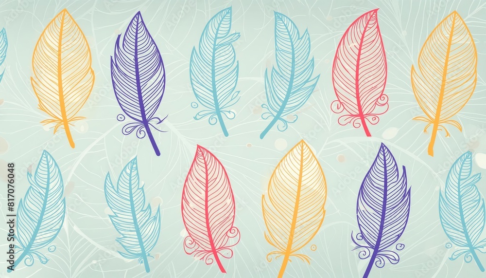 Feathers arranged on blue background, creating a vibrant display