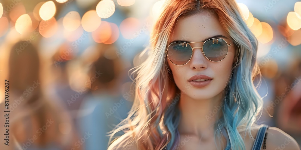 Young woman with colorful hair and sunglasses at outdoor festival party. Concept Outdoor Photoshoot, Festival Fashion, Colorful Hair, Party Scene, Sunglasses Style Young woman with colorful hair and sunglasses at outdoor festival party. Concept Outdoor Photoshoot, Festival Fashion, Colorful Hair, Party Scene, Sunglasses Style