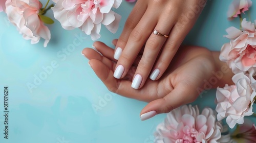 website header for a nail designer studio depth in field with beautiful nail modeling with rings on hands and room for text on the left side