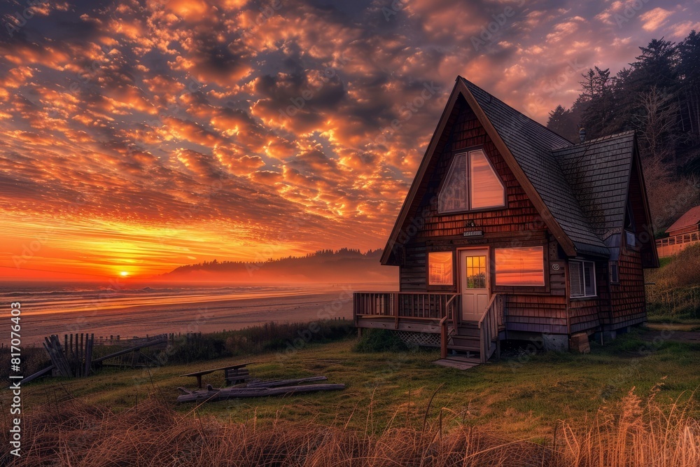 Cozy wooden cabin by the beach with a stunning sunset sky Cozy wooden cabin by the beach with a stunning sunset sky