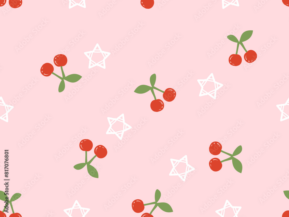 Seamless pattern with red cherry fruit and star on pink background vector. Cute fruit print.