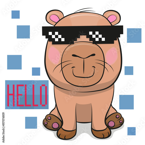 Cartoon Capybara in pixel sun glasses isolated on a white background