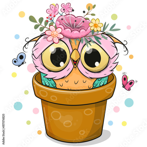 Cartoon Owl in a brown flower pot