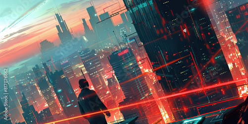 A futuristic city skyline looms large behind them, as they engage in high-stakes hacking tournaments, their skills honed to a razor's edge. 